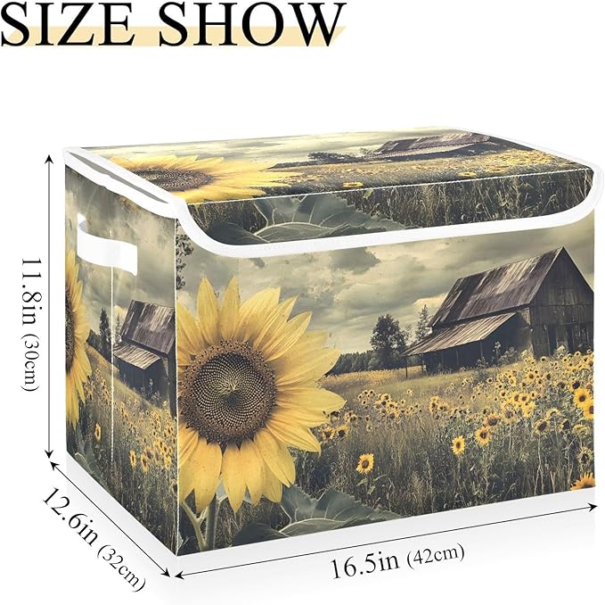 Sunflower Farm Storage Basket Bins with Lid, Collapsible Flip-top with Handle for Home Office 16.5×12.6×11.8 in