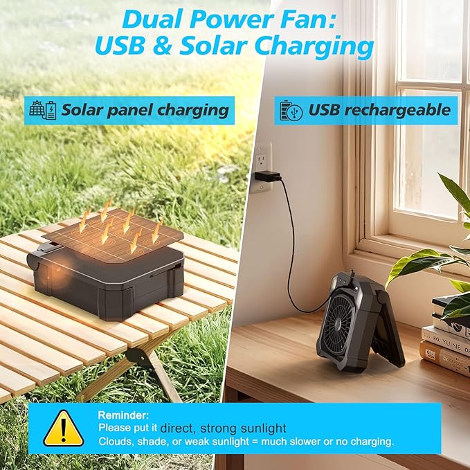 Camping Fan Battery Powered & Solar Powered, Portable Solar Fan 10000mAh Rechargeable Outdoor Fans with Light, Quiet Cordless Fans for Tent, RV, Emergency, Hiking, Power Outage, Desk, Survival Kit