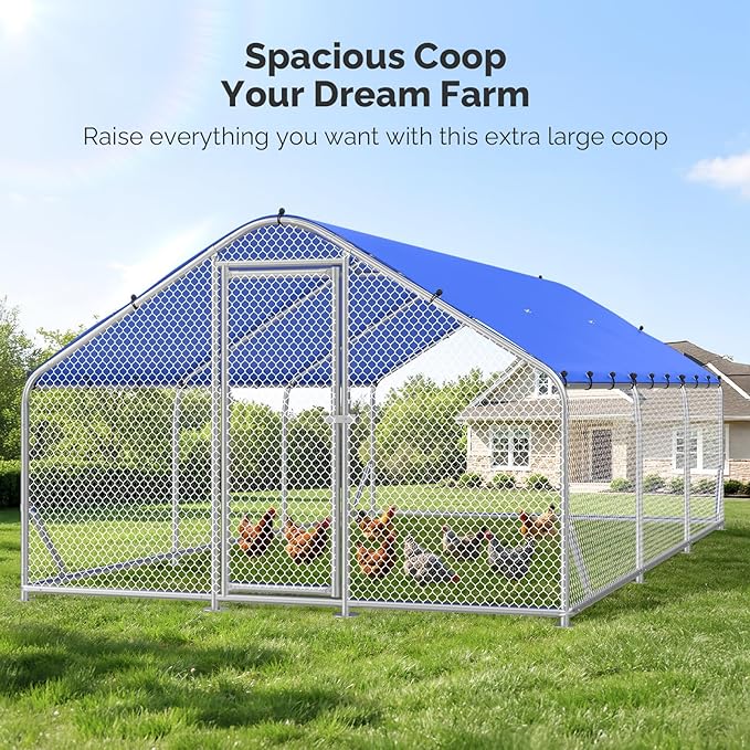 Sino Luban Large Metal Chicken Coop Run for 30 Chickens/Ducks, Chicken Runs for Yard with Waterproof Cover, Chicken Enclosure Pen Outdoor, Walk-in Poultry Cage (Upgrade Top & Corner Support Brace)