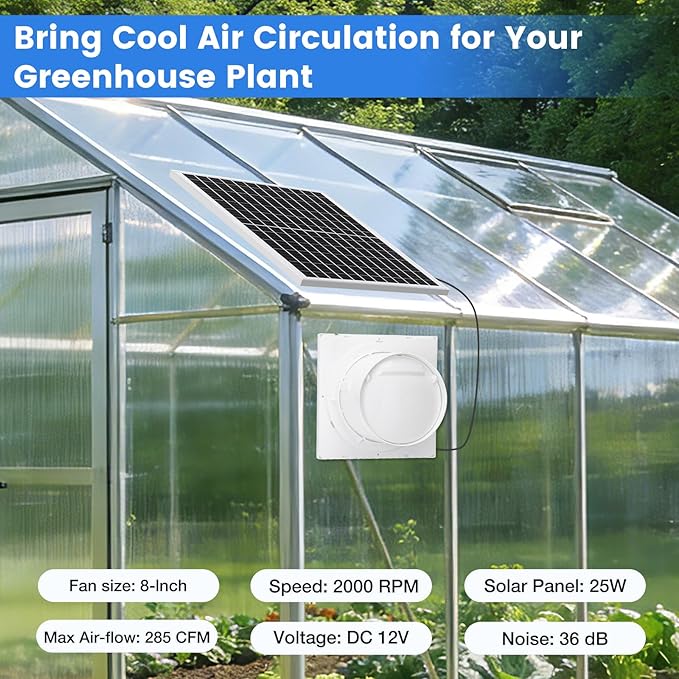 Solar Exhaust Fan, Solar Powered Vent Fan Kit for Outside Greenhouse Shed Chicken Coop (8" Fan)