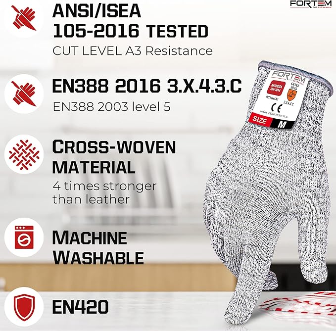 FORTEM Cut Resistant Gloves, 4x, Level 5 Protection Cutting Gloves For Oyster Shucking, Kitchen Work, Food Grade