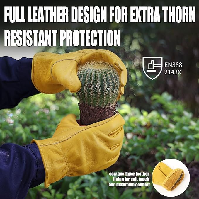 OZERO Gardening Work Gloves Men,Insulated Heavy Duty Cut Resistant Thorn Proof Leather Cowhide Gloves for Driving Welding