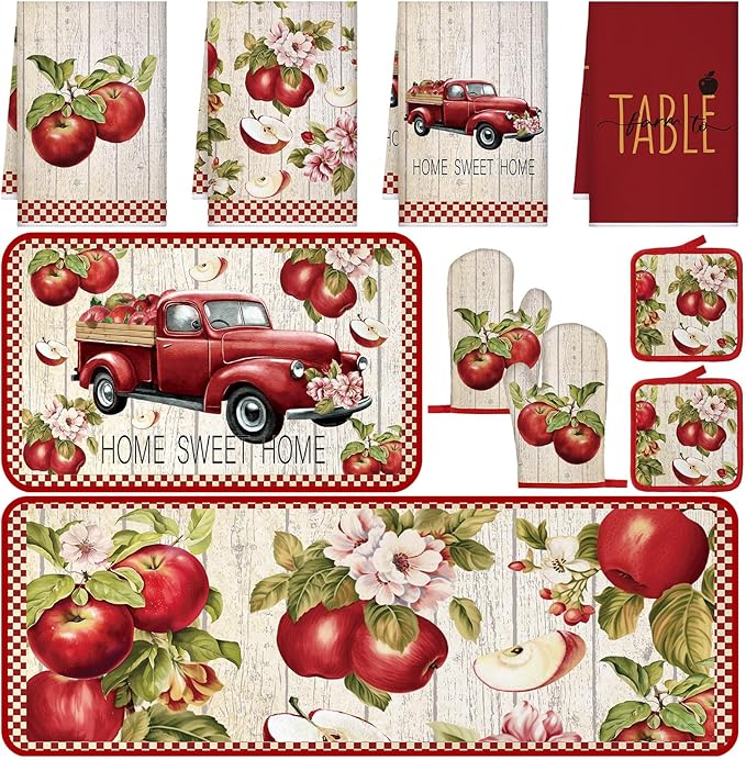 10 Pcs Apple Farmhouse Kitchen Decor Set Dish Towels Kitchen Rugs Oven Mitts and Pot Holders Set for Cooking Baking Grilling Women Mom Daughter Gift (Fruit Color)