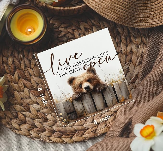 Rustic Bear Sign - Live Like Someone Left The Gate Open Wooden Box Signs, Bear Decorations For Home, Farmhouse Wood Decoration Home Decor For Desk Table Shelf 8x8 Inch Decorative Signs & Plaques