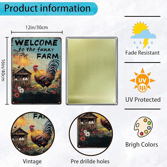 Chicken Decor Vintage Chicken Coop Signs Welcome To My Funny Farm Sign Retro Rooster Decor for Home Garden Outdoor Yard Farmhouse 12x16 Inch