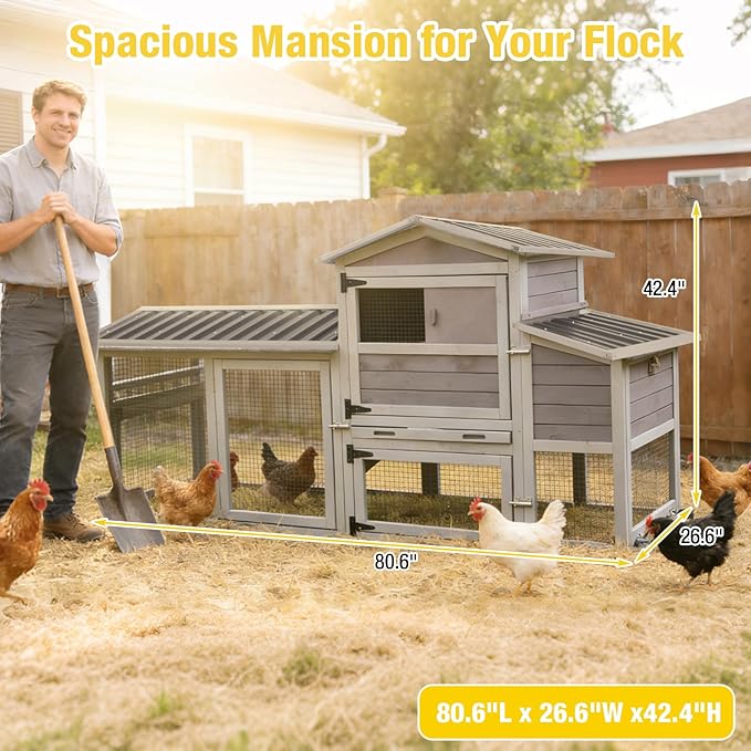 Aivituvin Large Chicken Coop Wooden with Wheels, Mobile Chicken Coop with Nesting Box & Waterproof Asphalt Roof, Expandable Chicken Cage with Run for 2–3 Chickens, Duck House
