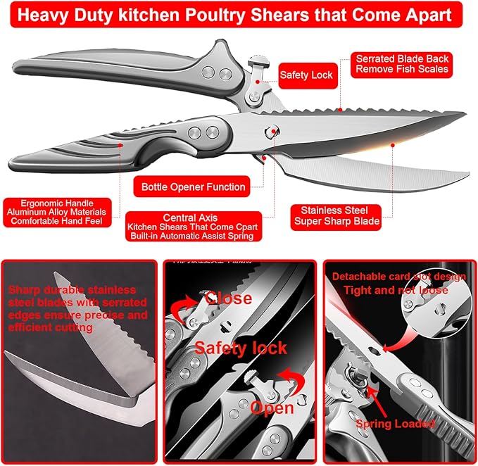 Heavy Duty Stainless Steel Kitchen Scissors that Come Apart, Poultry Shears Heavy Duty Professional, Spring-Loaded Kitchen Shears All Purpose for Food,Chicken, Fish,turkeys,10.2-Inch,Gray