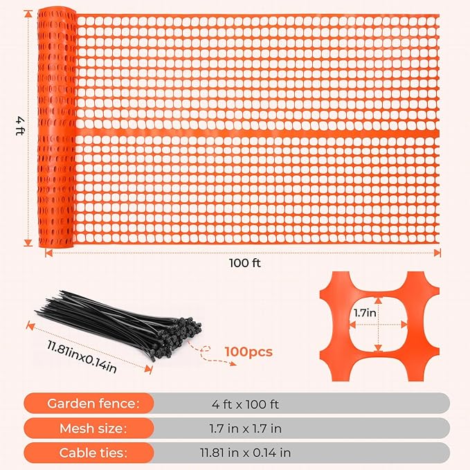 Ohuhu Plastic Garden Fence Safety Fence, 4'x100'/15LB Heavy Duty Reusable Netting Plastic Mesh Fence Roll, Temporary Fencing for Animal Barrier Pool Fence Snow Fencing for Poultry Rabbits Chicken Dogs