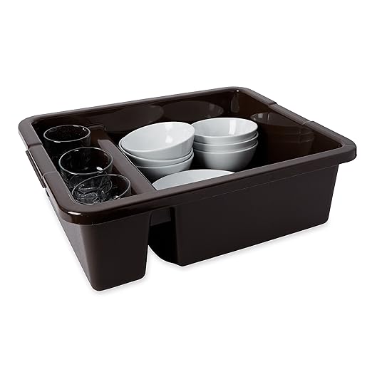Rubbermaid Commercial Products Standard Divided Bus/Utility Box 7-Gallon Brown Plastic Heavy Duty Divided Restaurant Wash Basin/Dish Washing Tub for Cups/Plates/Bowls