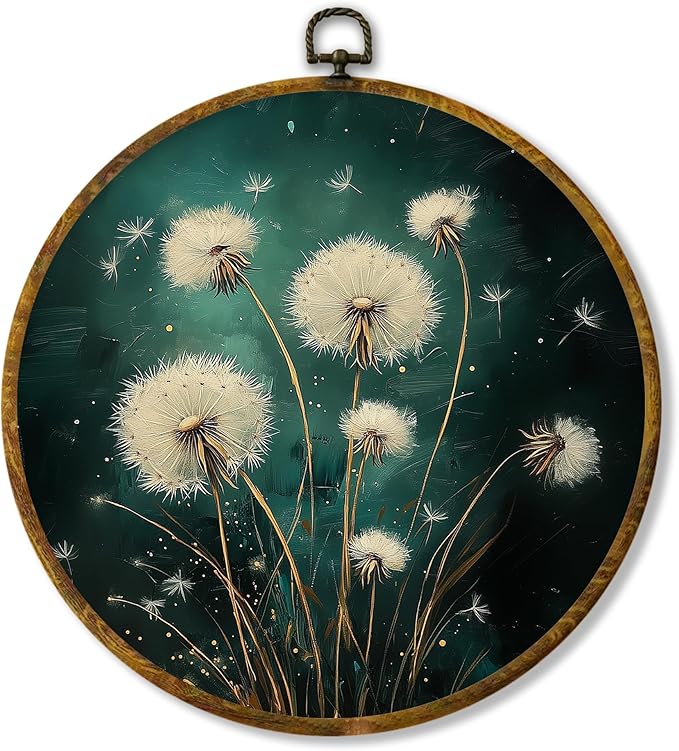 Hiuwevt Deep Green Dandelion Round Wall Art Decor, Moody Dark Floral Botanical Framed Canvas Prints, Rustic Cottagecore Plant Round Wall Hanging Decor for Bedroom Home Decorations, 10x10 Inches