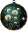 Hiuwevt Deep Green Dandelion Round Wall Art Decor, Moody Dark Floral Botanical Framed Canvas Prints, Rustic Cottagecore Plant Round Wall Hanging Decor for Bedroom Home Decorations, 10x10 Inches