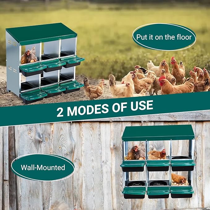 Chicken Nesting Box, 6 Compartment Roll Away Nesting Box for Eggs, Chicken Laying Box with Egg Collection, Cleanable Pull Out Hen Roosting Boxes ﻿