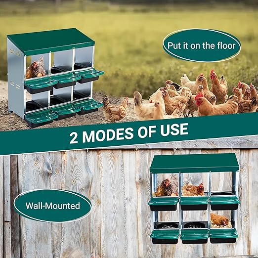 Garvee Chicken Nesting Boxes, 6 Hole Metal Chicken Laying Box with Removable Trays for Chicken Coop, Green