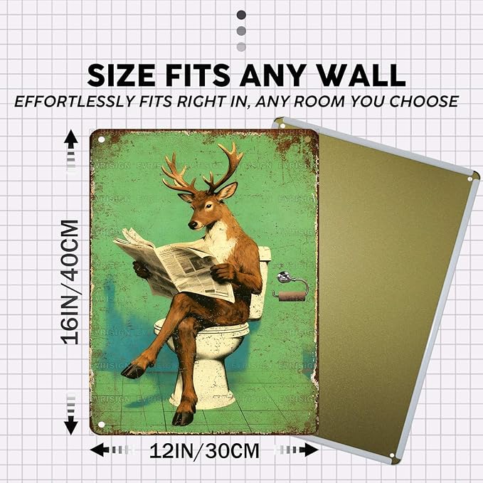 Vintage Deer Tin Sign Retro Metal Sign Wall Art Funny Nostalgic Wall Decor Decorations For Home Toilet Bathroom Man cave Cafe Kitchen Bar Office 16 * 12In