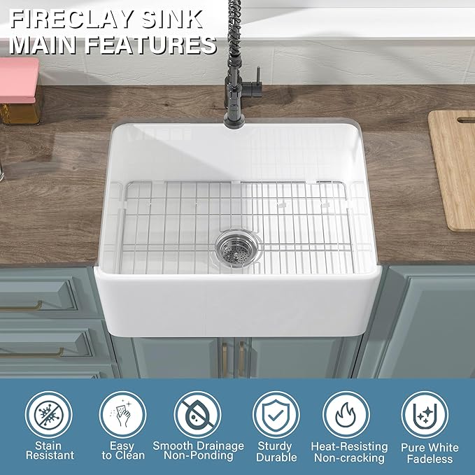 Small Farmhouse Sink 24 x 18 Inch, Firecaly Apron Front Farm Sink, Heavy Duty Single Bowl, with Accessories 2 Types, Undermount, Pure White, for Kitchen, Laundry, Small Space