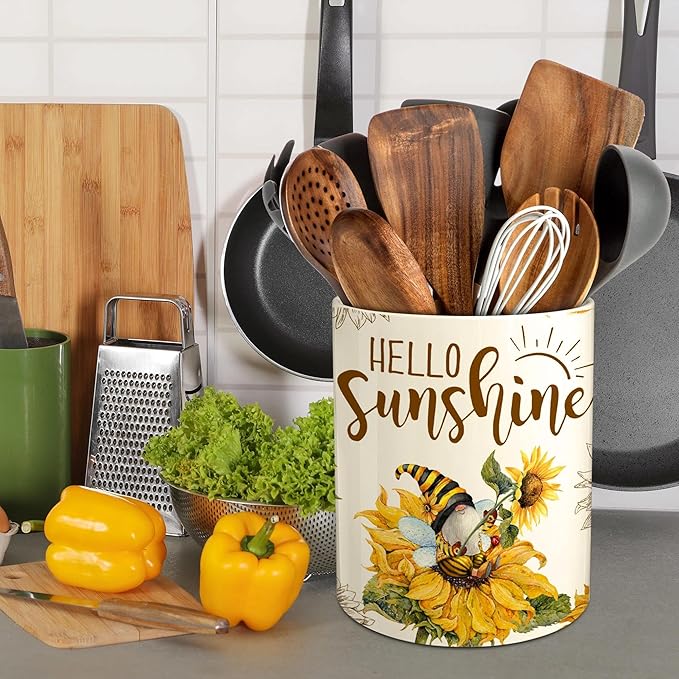 Hexagram Sunflower Decor Utensil Holder, Sunflower Kitchen Decor Ceramic Utensil Holder for Farmhouse Indoor Kitchen Decorations Rustic Farmhouse