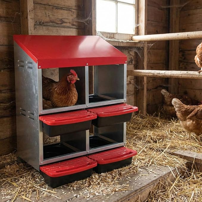 Metal Chicken Nesting Box with Easy-Collect Tray & Lid – 3/4/2x2 Compartment Heavy Duty Roll Away Nesting Boxes for Chickens, Wall Mount or Freestanding, Galvanized Steel Hen Laying Box for Coop