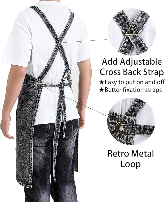 Cotton Denim Apron Soft - Unisex Adjustable Bib Apron with 5-Pockets Perfect for Kitchens