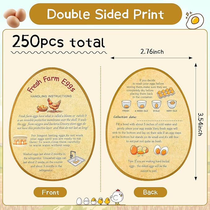 250PCS Farm Fresh Egg Handing Instruction Cards,2.7inch×3.5inch Double-Sided Printing Eggs Shape Sign for Farm Packaging cartons,Easy to Write The Collection Date.