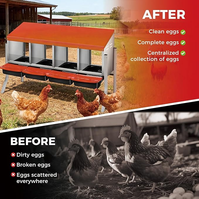 Chicken Nesting Boxes, Metal Rollaway Chicken Nest Box with Rollout Egg Collection, Removable Tray & Nesting Pads, Egg Laying Box for Chicken Coop Hens, Wall Mount or Standing, 4 Compartments, Orange