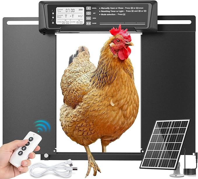 INNOLAND Large Size Automatic Chicken Coop Door Solar Powered - Timer/Manual Mode, Solar Chicken Coop Door Anti-Pinch, Aluminum Alloy Chicken Door | 20M Remote Control | Higher Battery Capacity
