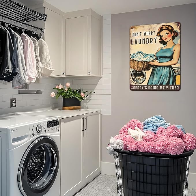 PEACHGARDEN Don't Worry Laundry Vintage Tin Sig Funny Sarcastic Retro Housewife Design Metal Tin 1950s Mom Laundry Sign Laundry Room Wall Decor for Home 12x16inch