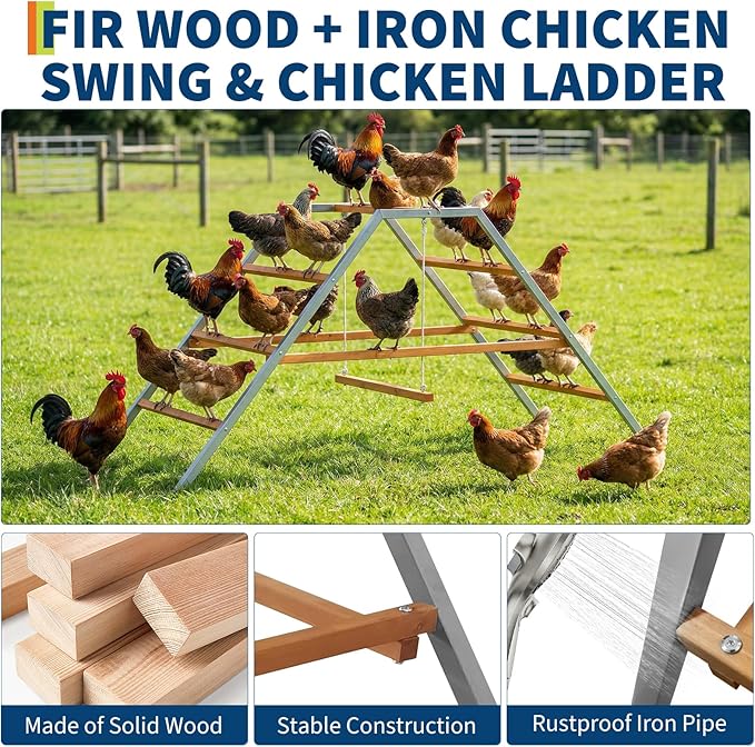 Chicken Roosting Bars, Wooden Chicken Perches with Swing & Ladder, Wood Roost Stand for 10-12 Chickens, Backyard Farm Toy Coop Accessories for Pet's Healthy & Happy, Easy to Assemble & Clean
