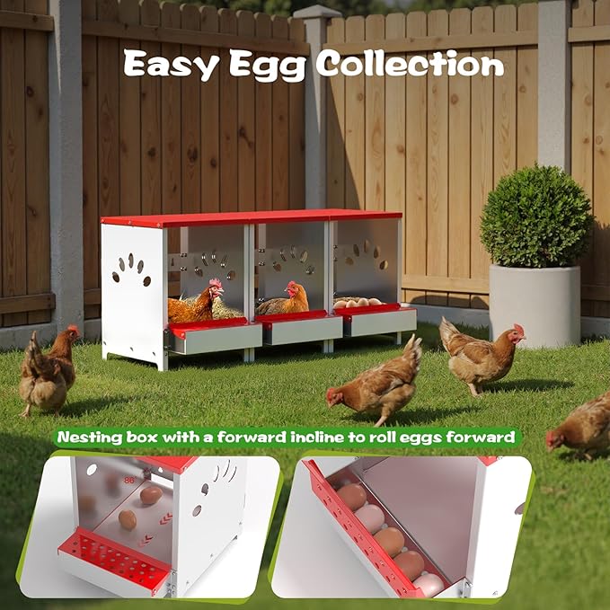 Chicken Nesting Boxes, One Hole Large Metal Hen Laying Box with Swing Perch and Roll Away Egg Collection, Wall Mountable with Vented Holes for Chickens Ducks Birds
