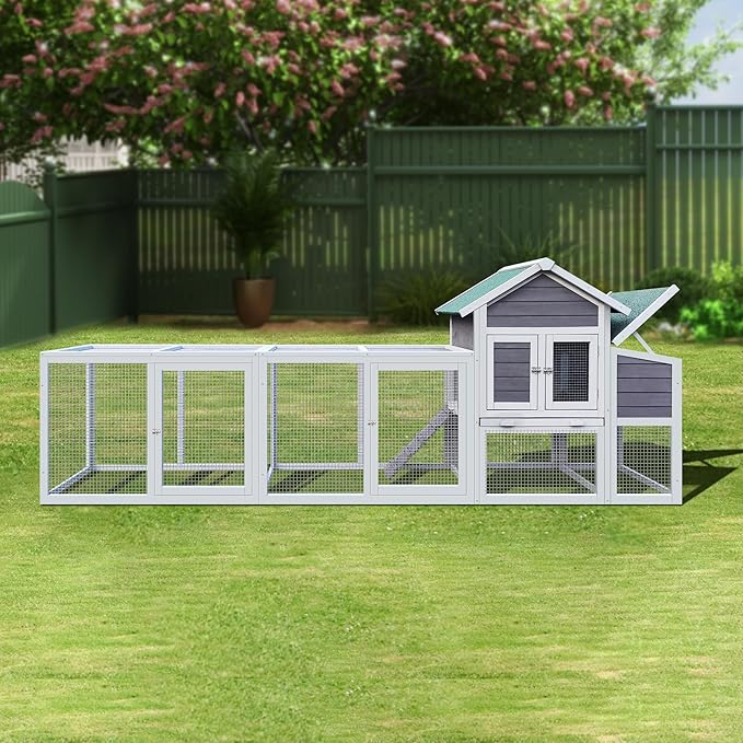 KEIKI 122＂Large Wooden Chicken Coop with Run and Nesting Box, Outdoor Hen House, Wooden Poultry Cage Wire Fence Poultry Cage