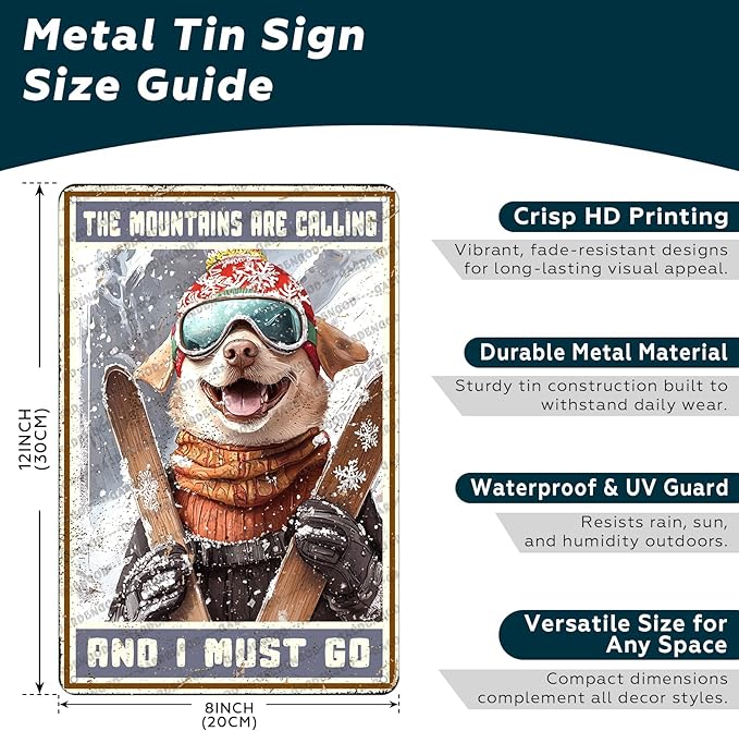 Funny Ski Decor Metal Sign Bulldog Skiing The Mountains Are Calling And I Must Go Skiing Metal Poster Home Kitchen Cafe Aluminium Sign Art Wall Decor 12x8 Inch