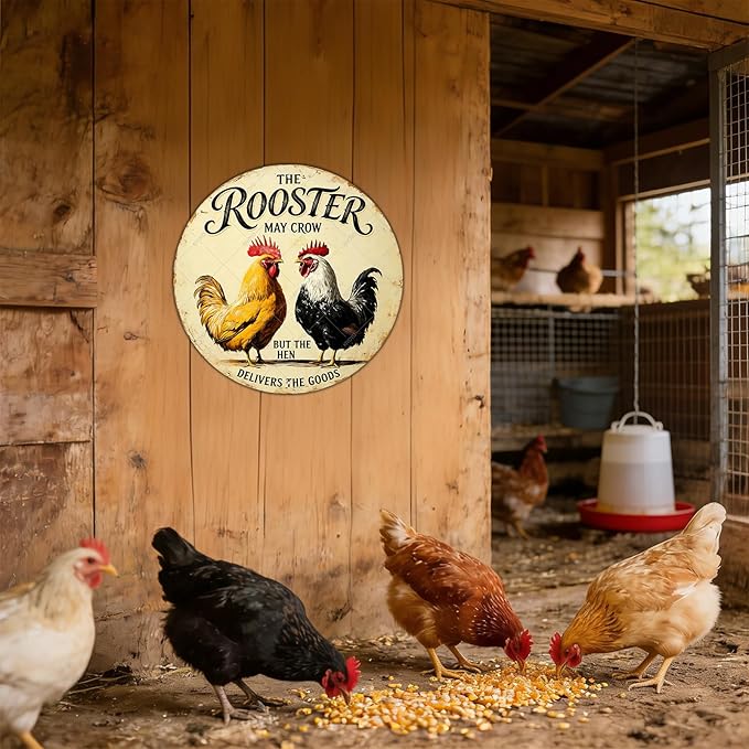 Funny Chicken Signs The Rooster May Crow But The Hen Delivers The Goods Round Tin Sign Metal Chicken Decor Home Ktichen Farm Wall Decor Vintage Metal Tin Poster 12 Inch