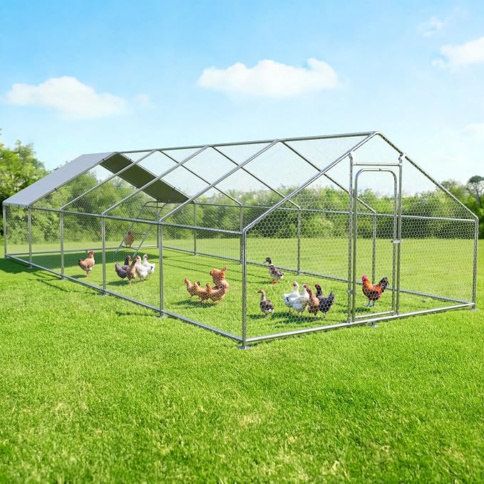 Large Metal Chicken Coop with Roosting Perch, Waterproof and UV Protection Cover, Chicken Run Outdoor Walk-in Cage Chicken Rabbit Duck Hen House, Spire Roof (10'W x 32.8'L x 6.4'H)