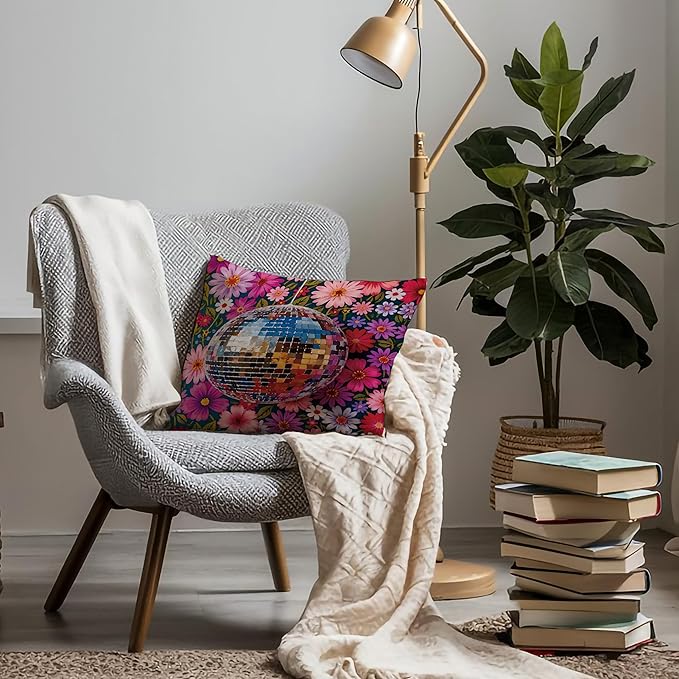 Funky Y2K Maximalist Floral Disco Ball Pillow Covers 18x18, Eclectic Home Decor, Trendy Retro 70s Colorful Flower Botanical Throw Pillow Covers for Home Girls Room Dorm Apartment