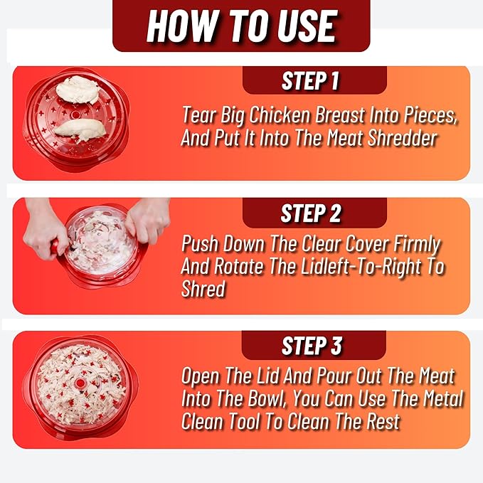 Chicken Shredder Tool Twist Large – Visible Meat Shredder for Chicken Breast with Cleaning Brush & Tong, BPA-Free Non-Slip Base, Ergonomic Handle, Heat Resistant & Dishwasher Safe (Red)