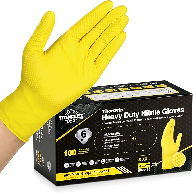 TitanFlex Heavy Duty Industrial Nitrile Gloves with Raised Diamond Texture, 6-mil, Latex Free (Dark Green/Yellow)