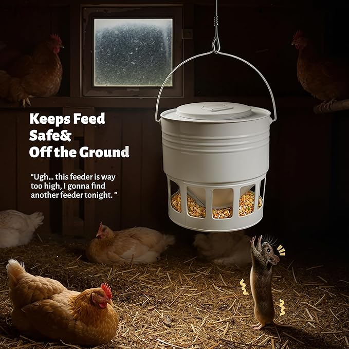 KOL Hanging Chicken Feeder – 20lbs Metal Chicken Feeder No Waste, Adjustable Poultry Feeder with 12 Ports, No Installation & Universal Height Design (Jade White)