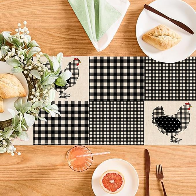 Seliem Farm Animal Chicken Hen Black White Buffalo Plaid Check Table Runner, Farmhouse Chick Home Kitchen Holiday Spring Summer Decor, Easter Rustic Burlap Dining Decoration Party Supply 13x108