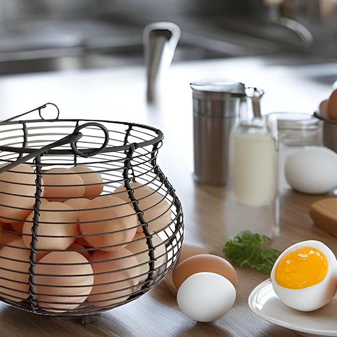 LINCOUNTRY. Farmhouse Wire Egg Baskets for Gathering Fresh Egg With Handle, Round Metal Chicken Egg Collecting Basket Countertop Holder Vintage Style for Kitchen