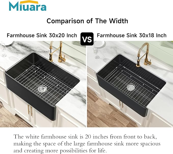 Miuara Black Farmhouse Sink 30 Inch - Apron Front Undermount Kitchen Sink 30"x20"x10", Farm House Style Deep Single Bowl, Heavy Duty Solid Fireclay, Matte Black, for Kitchen