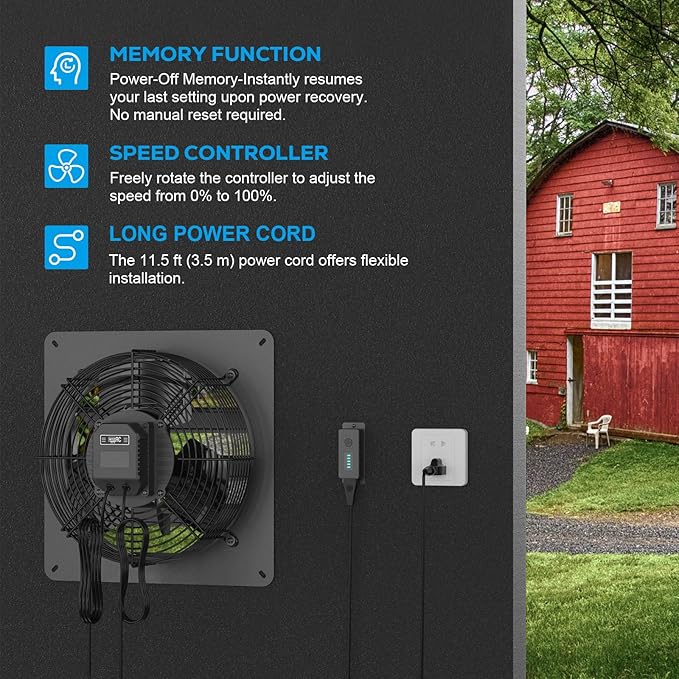 1226 CFM Shutter Exhaust Fan, 12 Inch Wall Mount Attic Fan with Speed Controller, Ventilation and Cooling for Greenhouses, Garages, Attics, Studios, Workshops,Manual Model, Black