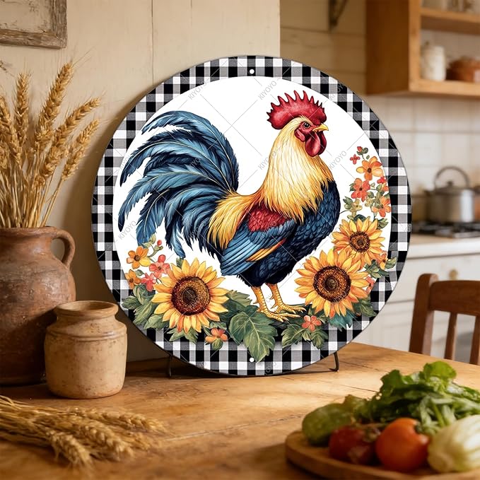 Round Metal Tin Sign Rustic Wall Decor Plaque Rooster Chicken Farm Animal Wreath Sign,Suitable for Home Garden Kitchen Bar Cafe Restaurant Garage Wall Decor Retro Vintage 8 Inch