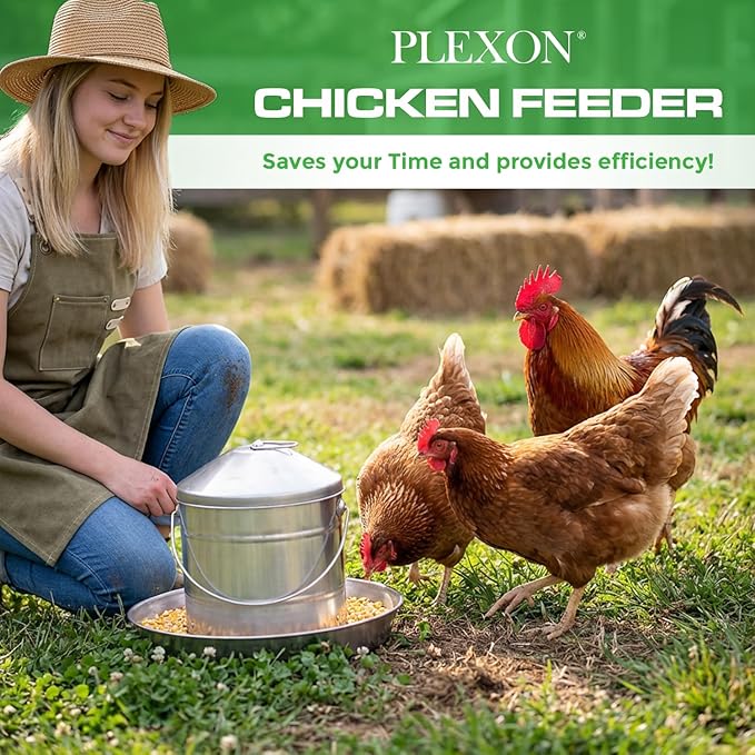 Plexon 17.6 Lb Stainless Steel Hanging Chicken Feeder no Waste Food-Grade Large - Turkey Duck Poultry Feeder for Chicken Metal - Heavy Duty Reliable Long-Lasting with Handle