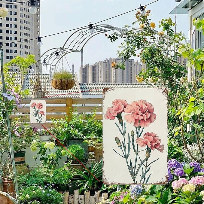 Flowers Metal Signs Carnation Sign Vintage Tin Sign Retro Wall Art Decor for Living Room Bedroom Garden Yard Shop Bar 8×12 Inches