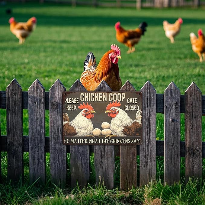 Funny Chicken Signs Chicken Coop Please Keep Gate Closed No Matter What The Chickens Say Aluminium Sign Home Ktichen Farm Metal Chicken Signs Decor 12x8 Inch Chicken Metal Tin Signs Poster
