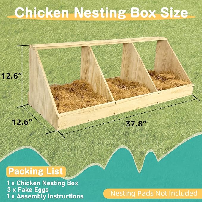 Chicken Nesting Boxes, 3 Compartment Wooden Chicken Laying Boxes, Nesting Boxes for Chickens, Hens, Ducks, Poultry Nest Box for Laying Eggs, Includes 3 Fake Eggs
