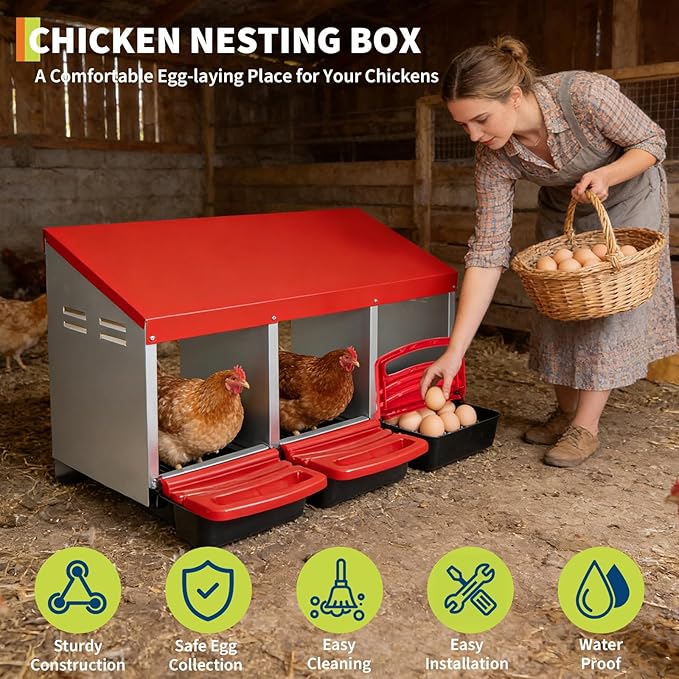 GarveeHome Chicken Nesting Boxes, 3 Compartments Metal Chicken Laying Box with Swing Perch, Roll Out Egg Collection with Large Vented Holes for Chickens, Hens, Large Egg Laying Boxes