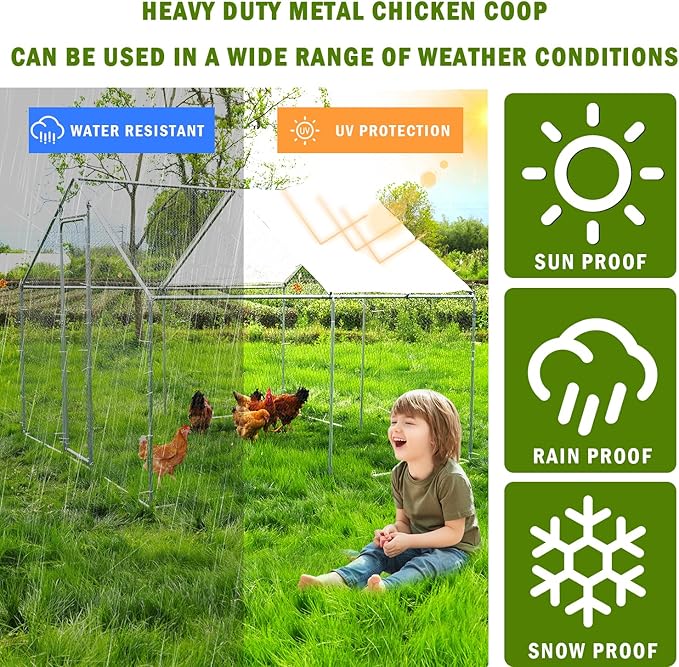 Large Metal Chicken Coop, Outdoor Metal Chicken Run with Waterproof and Anti-Ultraviolet Cover for 10-20 Chickens, Walk-in Poultry Cage for Chicken, Duck, Rabbit, Dog (9.84'×9.84'×6.46')