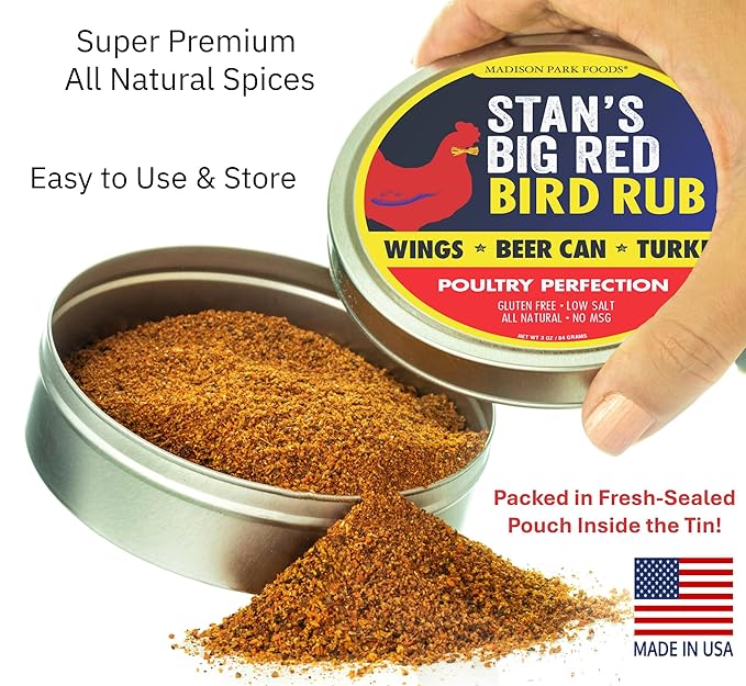 Stan’s Big Red Bird Rub – Poultry Seasoning for Deep Fried Turkey, BBQ Chicken and Wings – Perfect Beer Can or Spatchcock – All Natural, Gluten-Free, Low Salt, No MSG – 3oz Fresh-Sealed Pouch in Reusable Tin