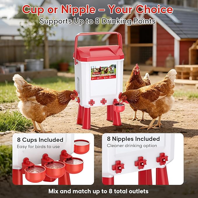 Automatic Chicken Waterer, 10L Poultry Watering System with Visible Water Level Window, Auto Refill Hose and Float Valve, Chicken Water Feeder with Cups or Nipples for Backyard Chickens