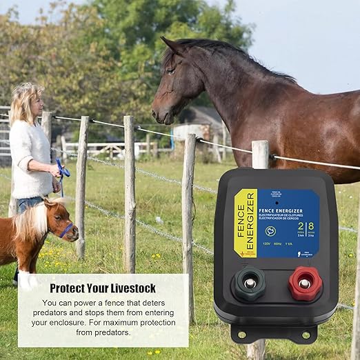 Electric Fence Energizer with 17 Gauge Aluminum Wire, 2-Mile/ 8 Acres Electric Fence Charger, Livestock Fence Charger for Preventing Raccoons, Squirrels, Chicken Coops, Skunks intruding 0.1 Joule